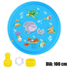 Blue inflatable sprinkler play mat featuring various colorful sea creatures and animals for kids