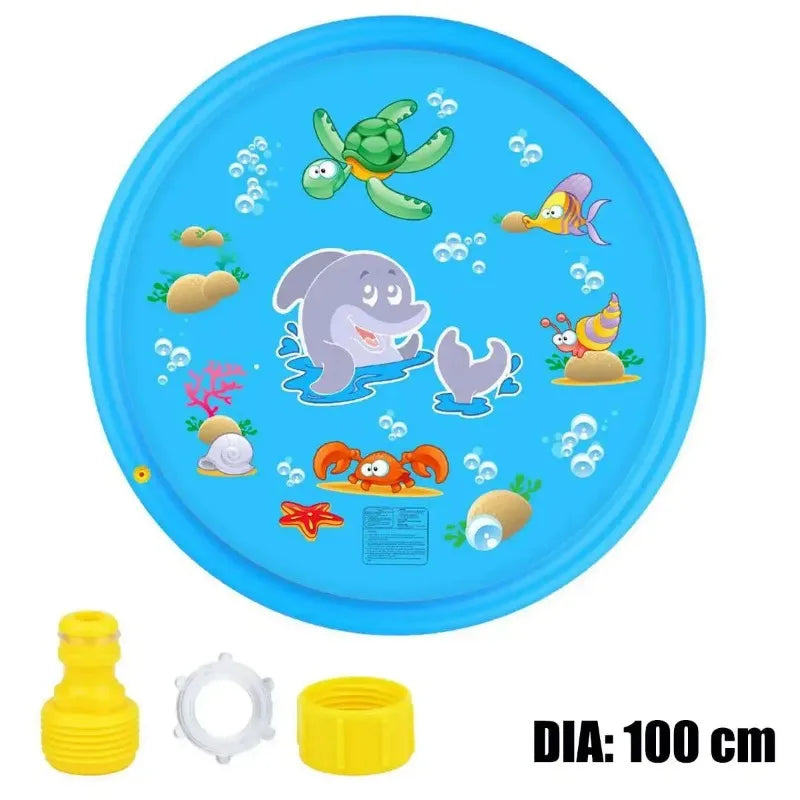 Blue inflatable sprinkler play mat featuring various colorful sea creatures and animals for kids