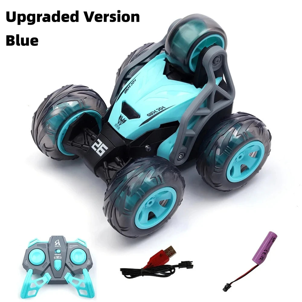 Blue upgraded version of a 2.4G remote control stunt car with 5-wheel 360° action and accessories