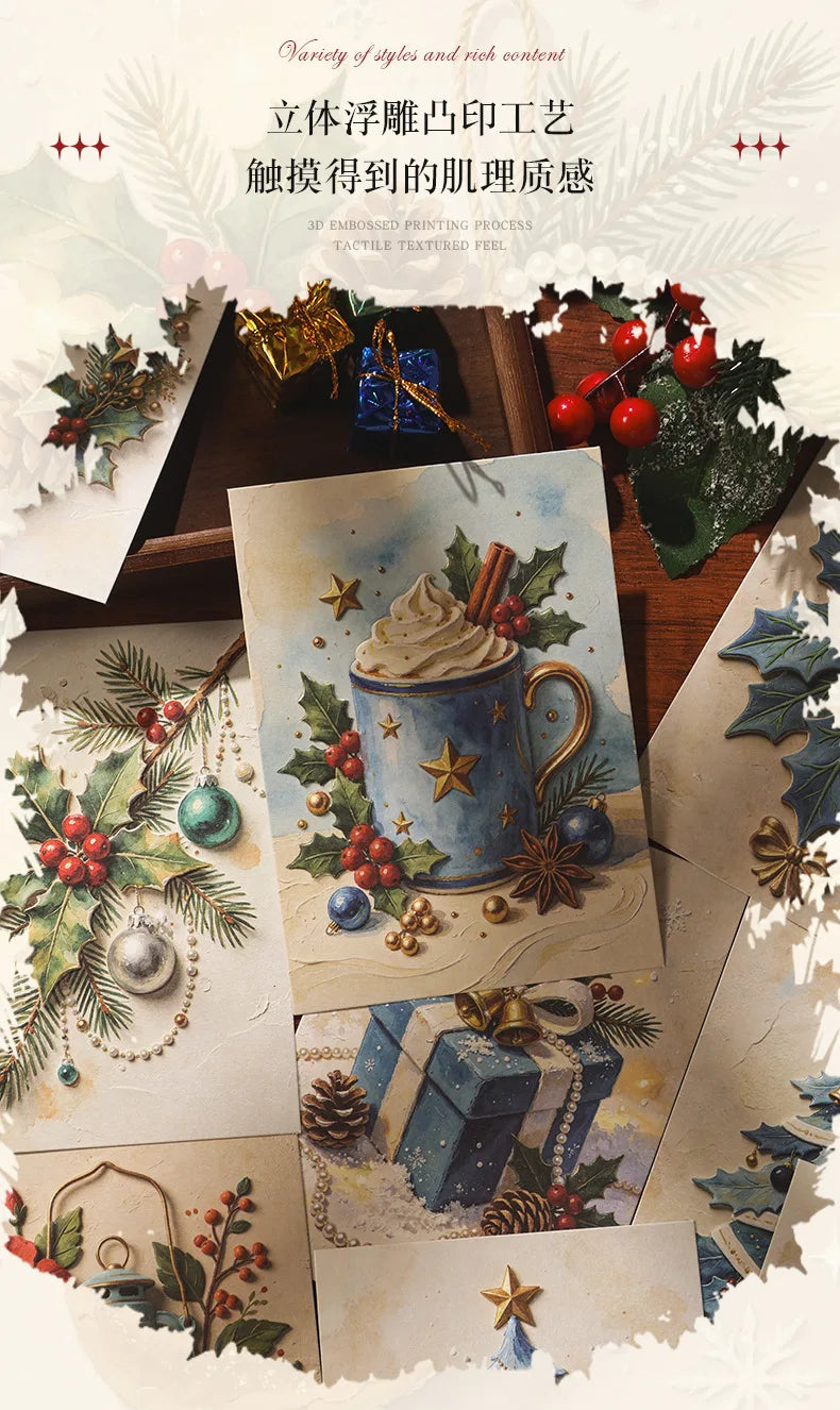 A collection of embossed Christmas decorative paper sheets featuring winter themes, including gifts, greenery, and festive el