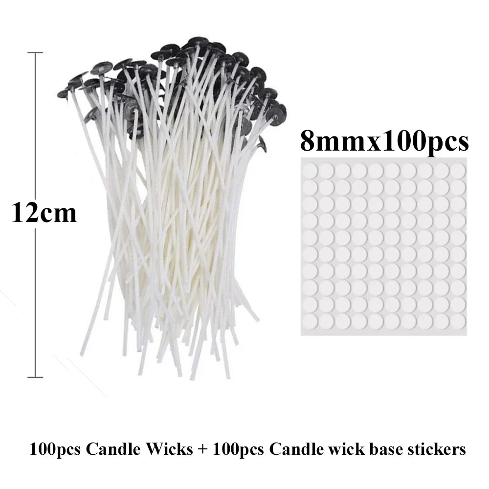 A bundle of 100 pre-waxed cotton candle wicks and 100 candle wick base stickers.