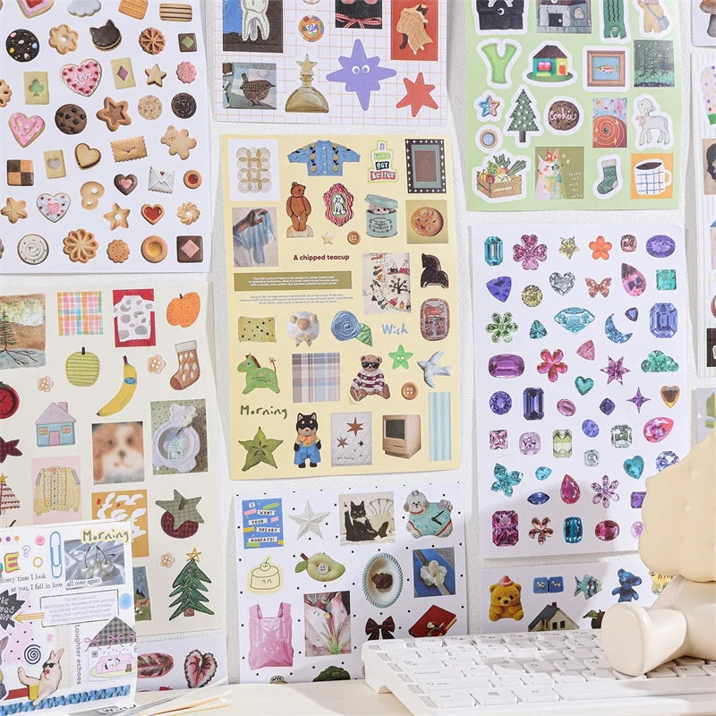 A collection of retro aesthetic stickers and craft supplies organized in a grid layout.