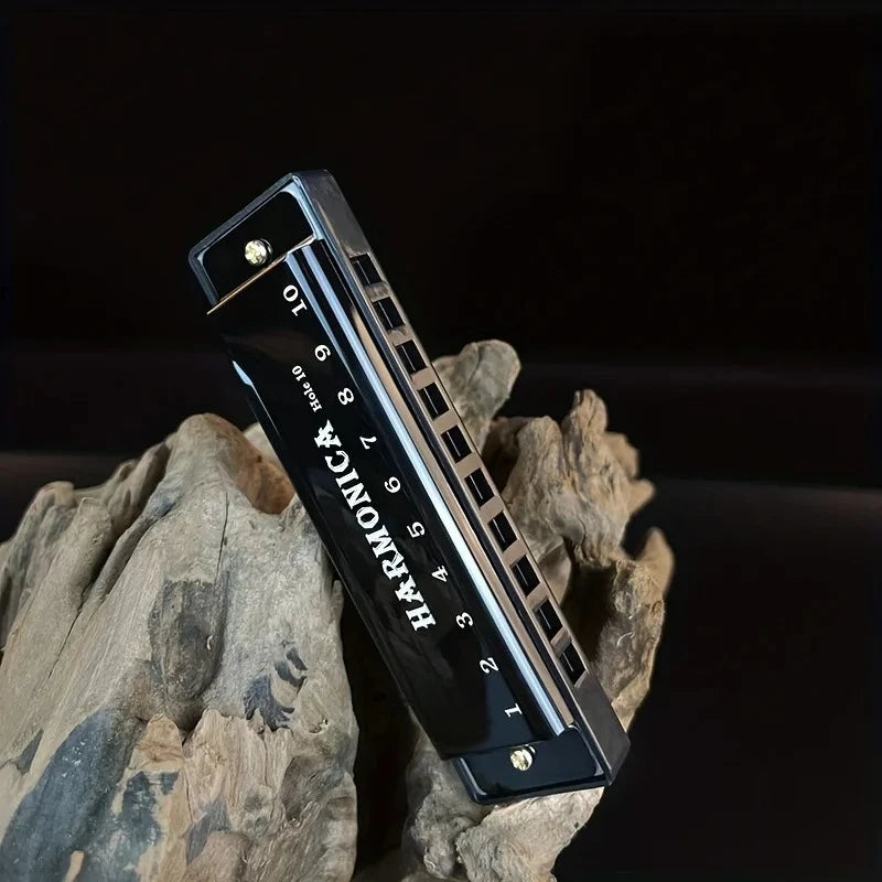A black 10-hole diatonic harmonica with a carrying case rests on a rough piece of light-colored wood.