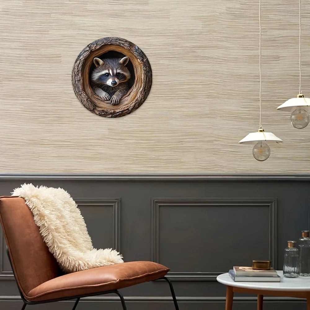 Aluminum wall art featuring a raccoon peering out of a tree hole mounted on a light beige wall.
