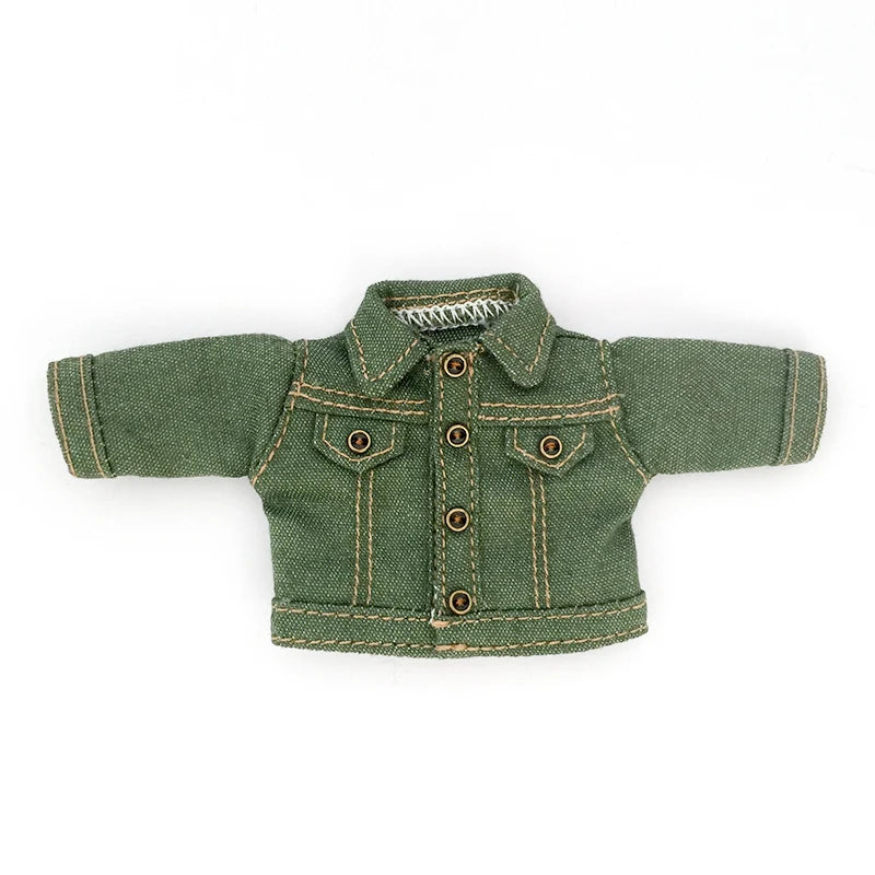 A dark olive green denim jacket for 1/12 scale dolls.