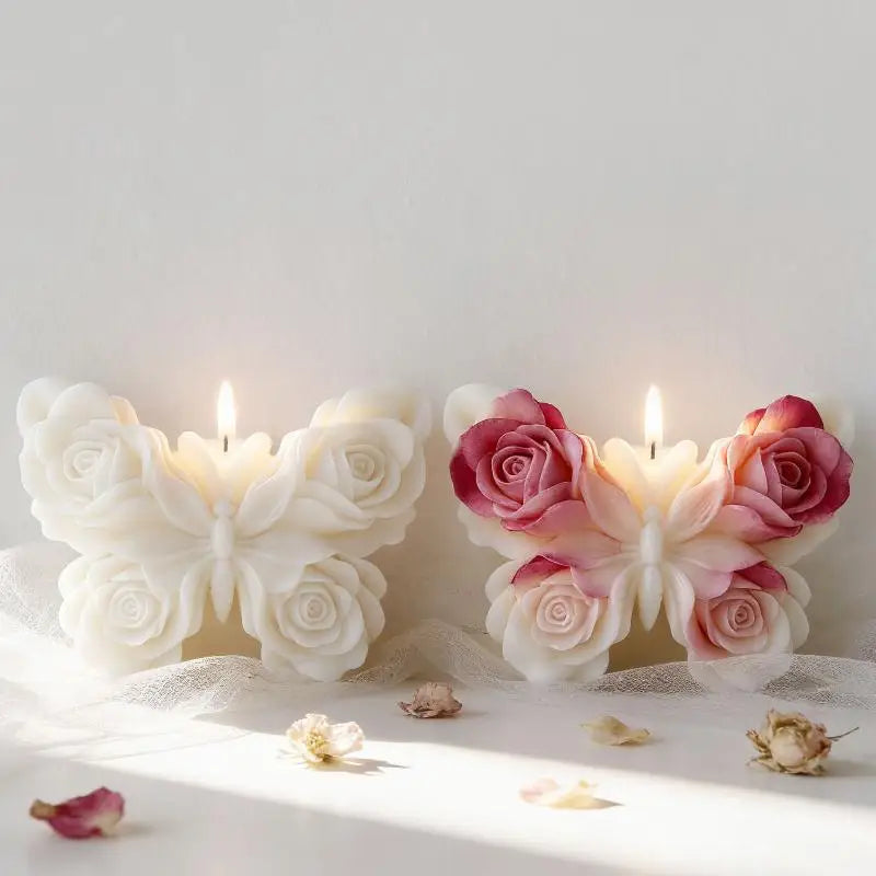Two white and pink rose butterfly silicone molds for candles and DIY crafts