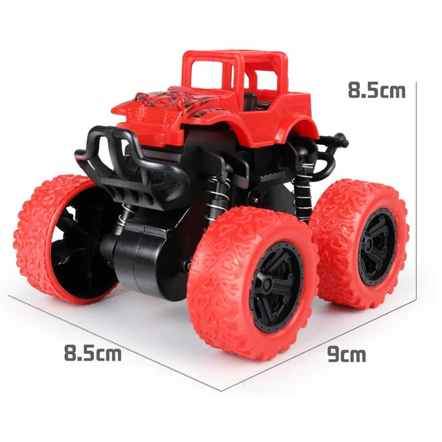 A red and black four-wheel drive stunt car with pull-back action, shown from above.