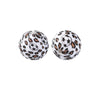 A pair of spherical silicone beads with a leopard print design and a soccer ball pattern.