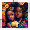 Diamond painting kit featuring a portrait of two young African girls with intricate floral and butterfly details.