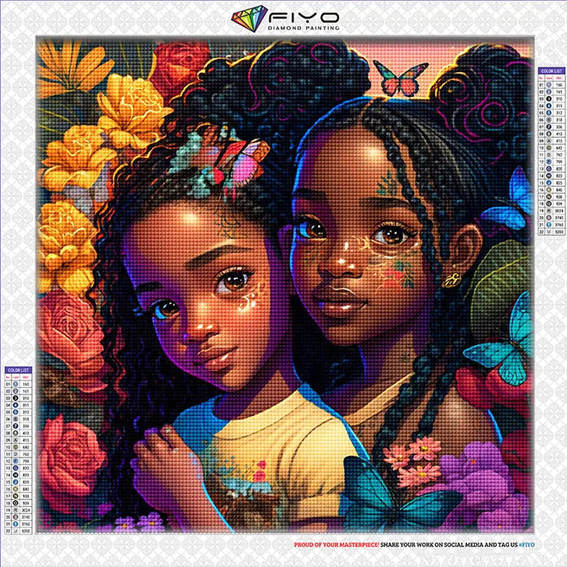 Diamond painting kit featuring a portrait of two young African girls with intricate floral and butterfly details.
