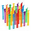 A collection of colorful dinosaur-shaped bubble bottles in various shades of blue, green, orange, and pink.