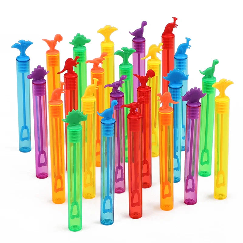A collection of colorful dinosaur-shaped bubble bottles in various shades of blue, green, orange, and pink.