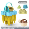 A yellow beach castle sand play set with a bucket and scoop, along with three random accessories.
