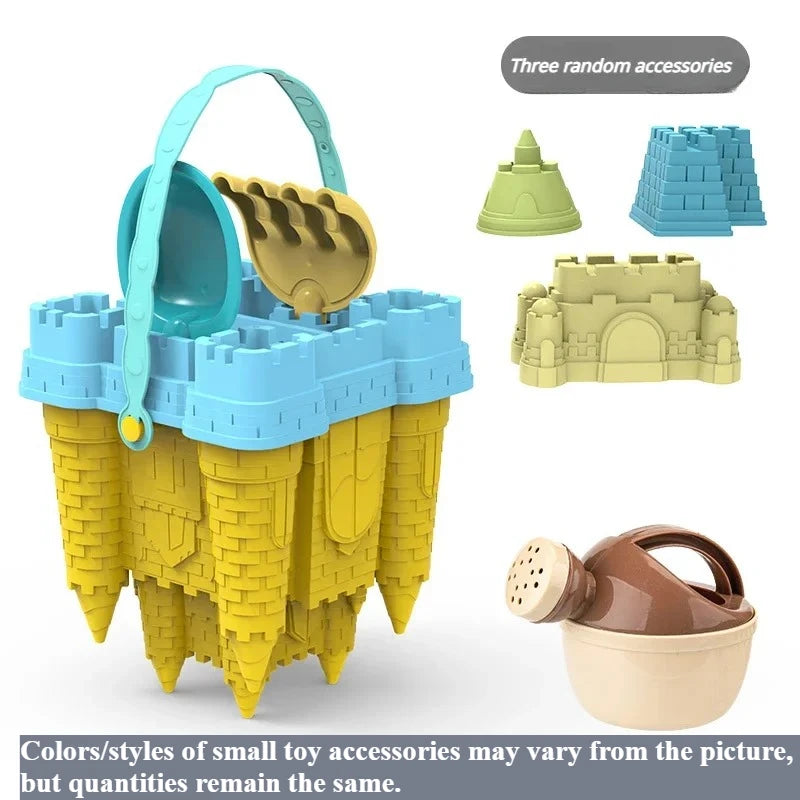 A yellow beach castle sand play set with a bucket and scoop, along with three random accessories.