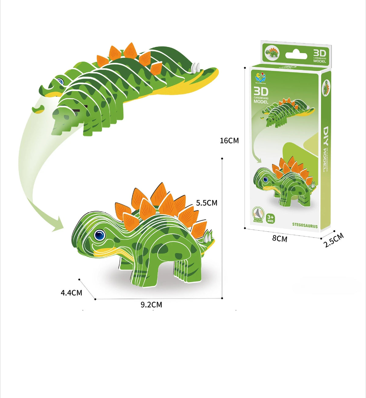 A green dinosaur and orange flower paper puzzle model set for kids.