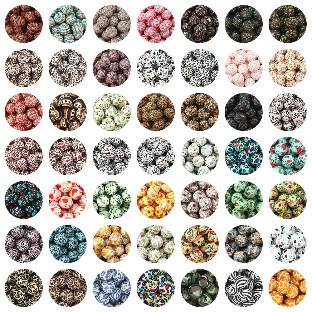 A collection of colorful printed silicone beads featuring leopard, daisy, floral, and abstract patterns for jewelry making.