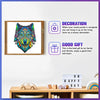 A framed piece of art featuring a colorful wolf head puzzle and text describing it as a decoration and good gift