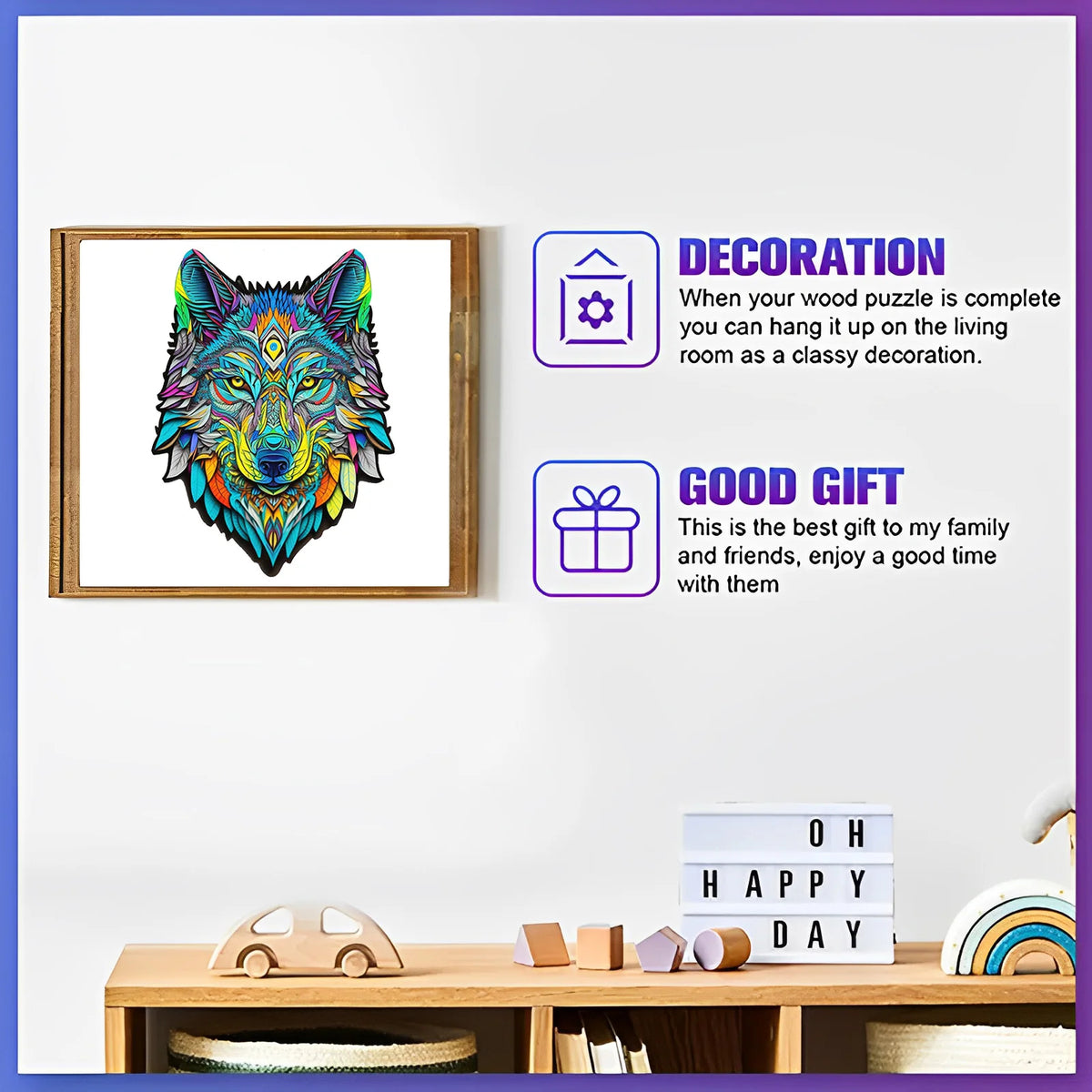 A framed piece of art featuring a colorful wolf head puzzle and text describing it as a decoration and good gift