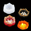 Three silicone molds shaped like lotus flowers for candles, resin, and jewelry dishes in white, black, and orange.