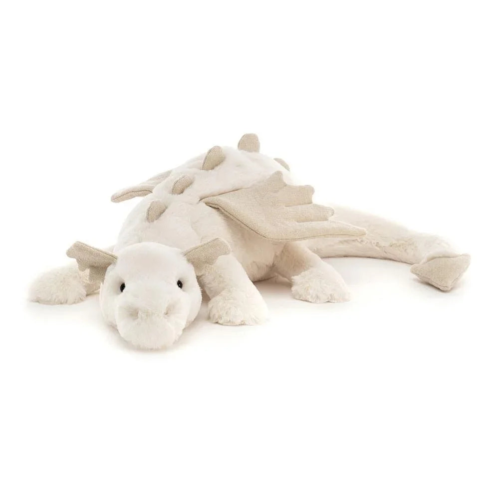 A white rainbow dragon plush pillow with soft features and wings.