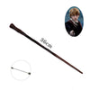 A long, dark brown metal magic wand with a pointed tip and a decorative handle.