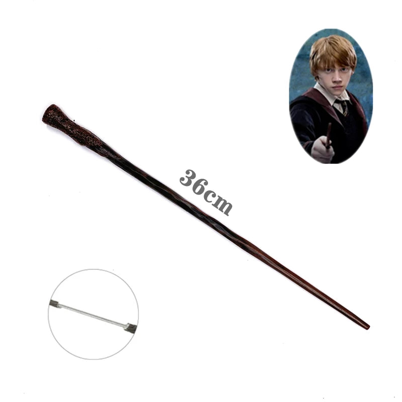 A long, dark brown metal magic wand with a pointed tip and a decorative handle.