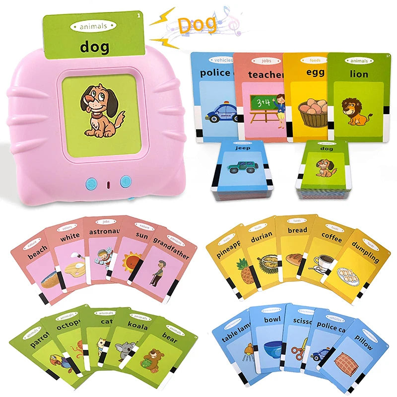 A set of colorful flash cards featuring animals, jobs, foods, and vehicles for toddlers.