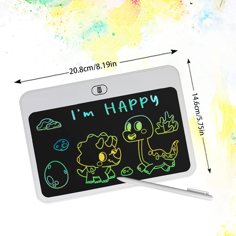 A white LCD writing tablet displaying the text I'm HAPPY in neon green handwriting.
