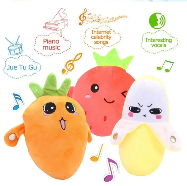Ein Set von Frucht-Sensorik-Rhythmus-Pianodolls mit verschiedenen Früchten wie Karotten und Erdbeeren.