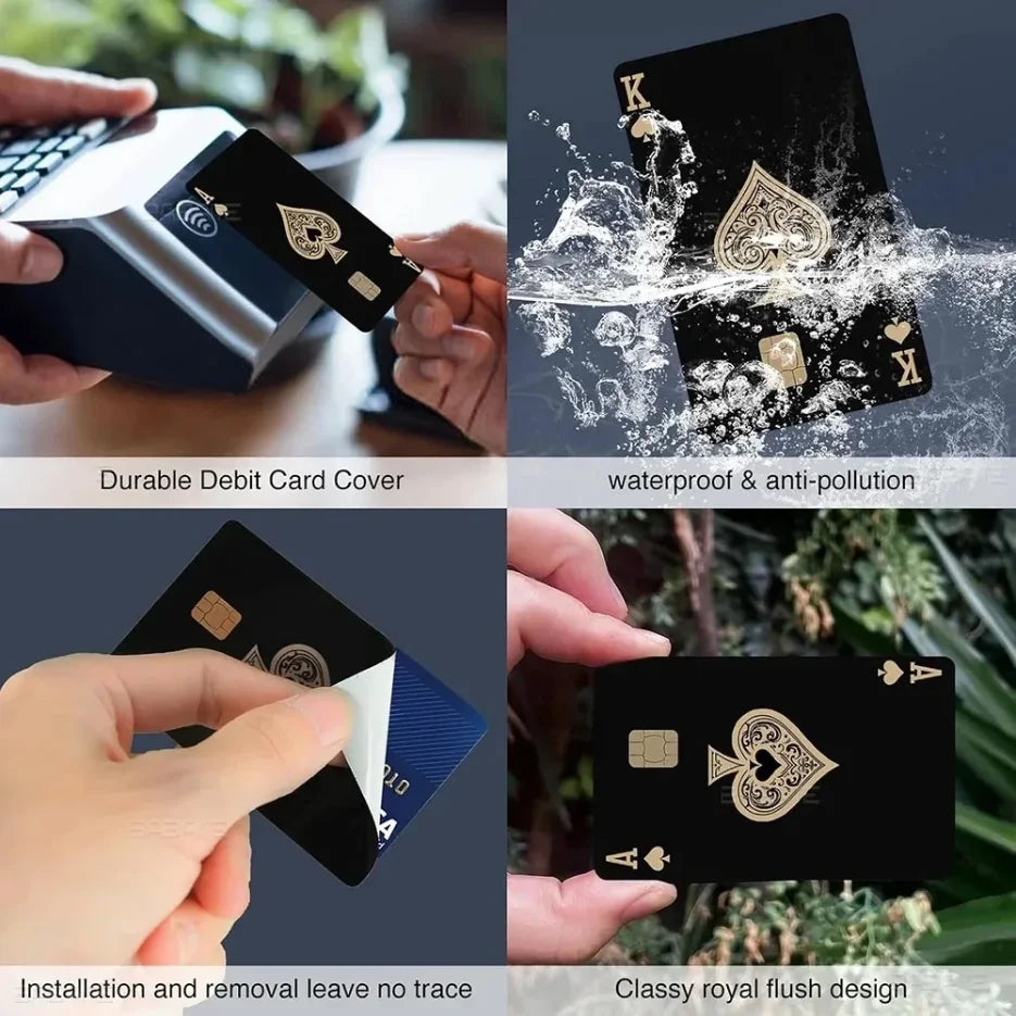A set of black card stickers featuring a royal flush design and gold accents on credit cards.