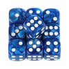A set of ten blue marble effect acrylic six-sided dice arranged in a grid.