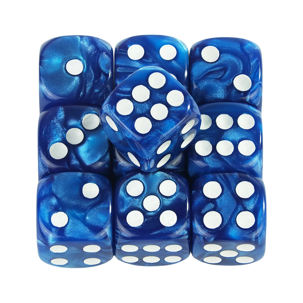 A set of ten blue marble effect acrylic six-sided dice arranged in a grid.