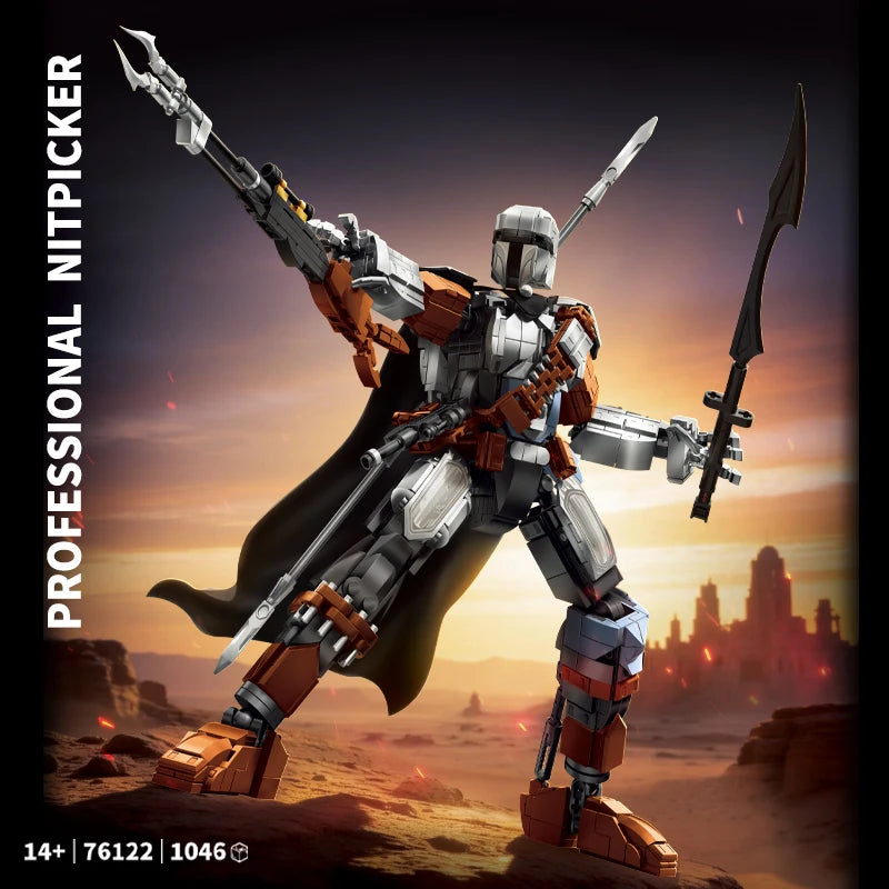 A detailed model of a humanoid mecha figure in orange and silver armor stands on a desert landscape.
