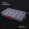 A clear plastic storage box with dividers for 15 removable compartments, measuring 17cm by 2.2cm.
