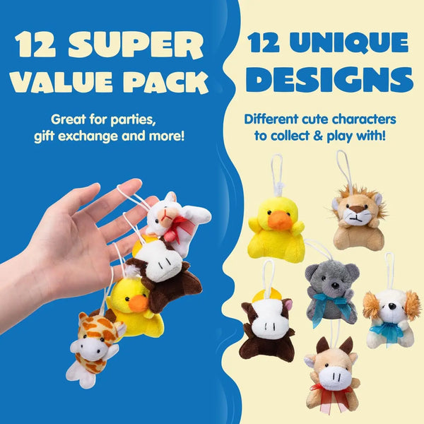 A hand holds a collection of twelve unique cute animal plush toys for gift exchange and play.