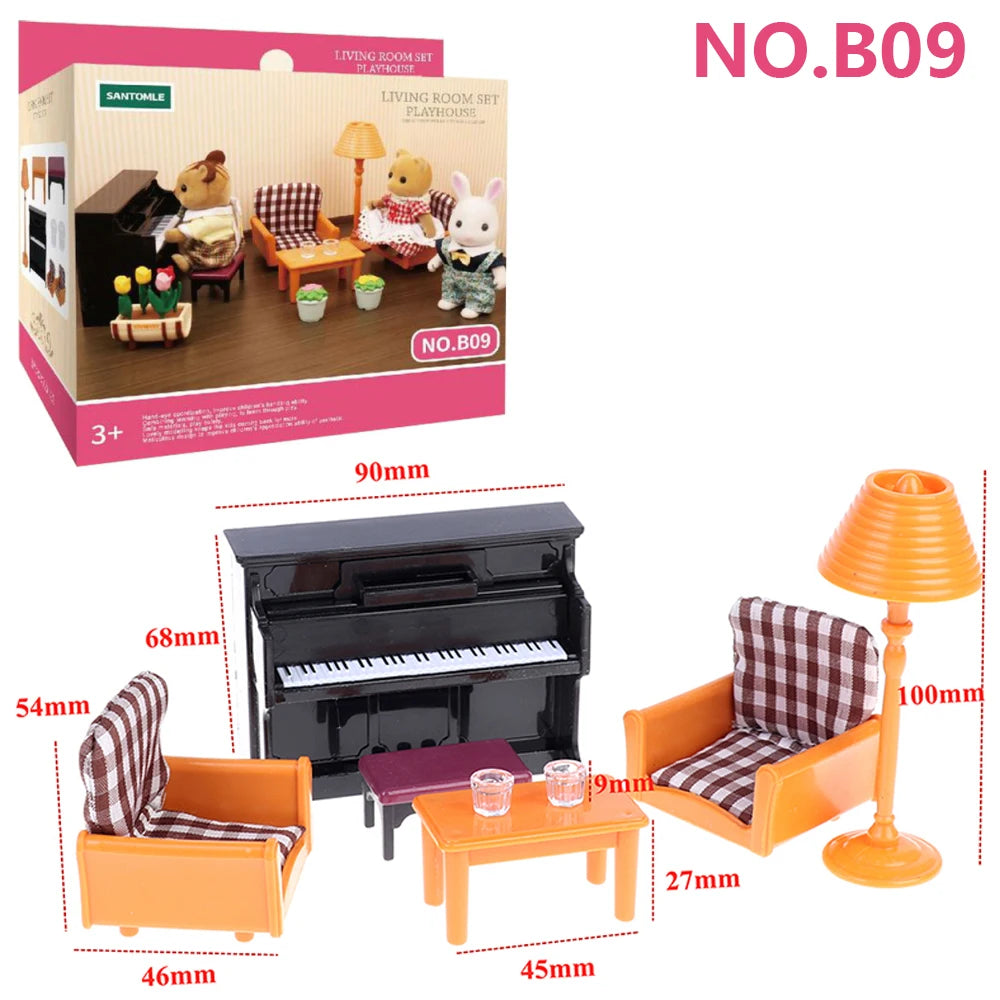 A set of 1:12 scale dollhouse furniture including a piano, chair, and table for living room or bedroom scenes.