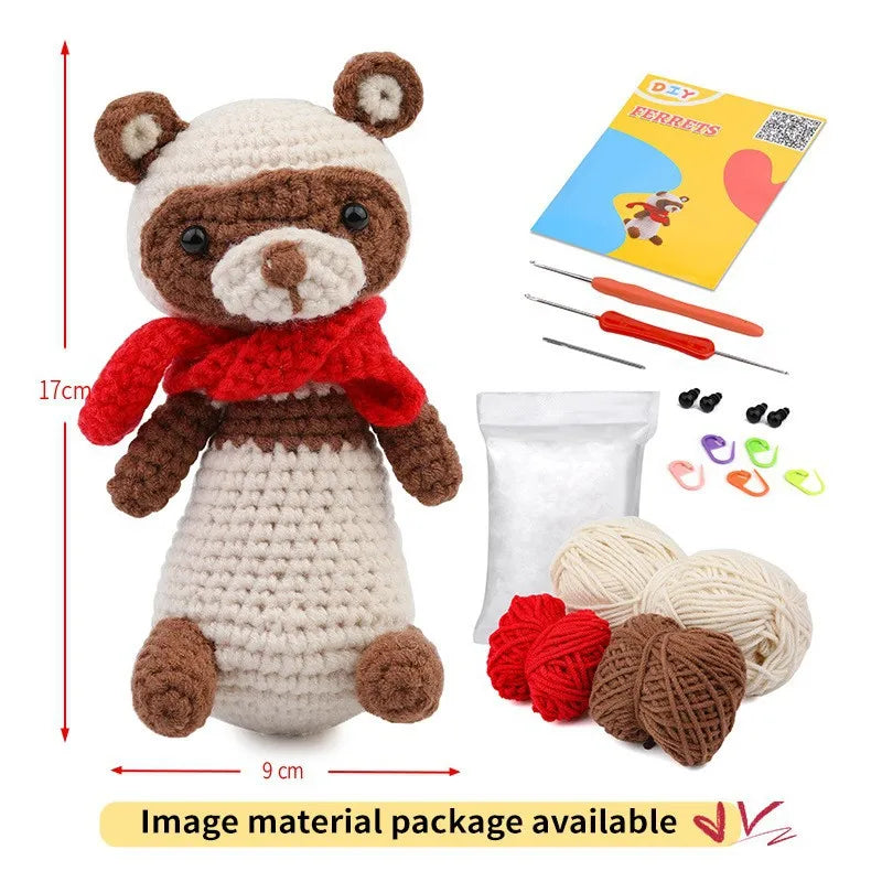 A handmade brown and white teddy bear crochet kit with yarn and tools for beginners