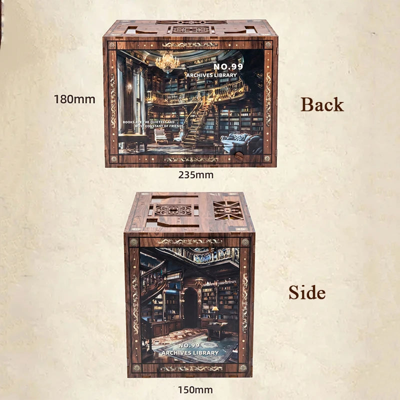 A wooden book nook kit model showing the front and side views of a miniature library with an LED light.