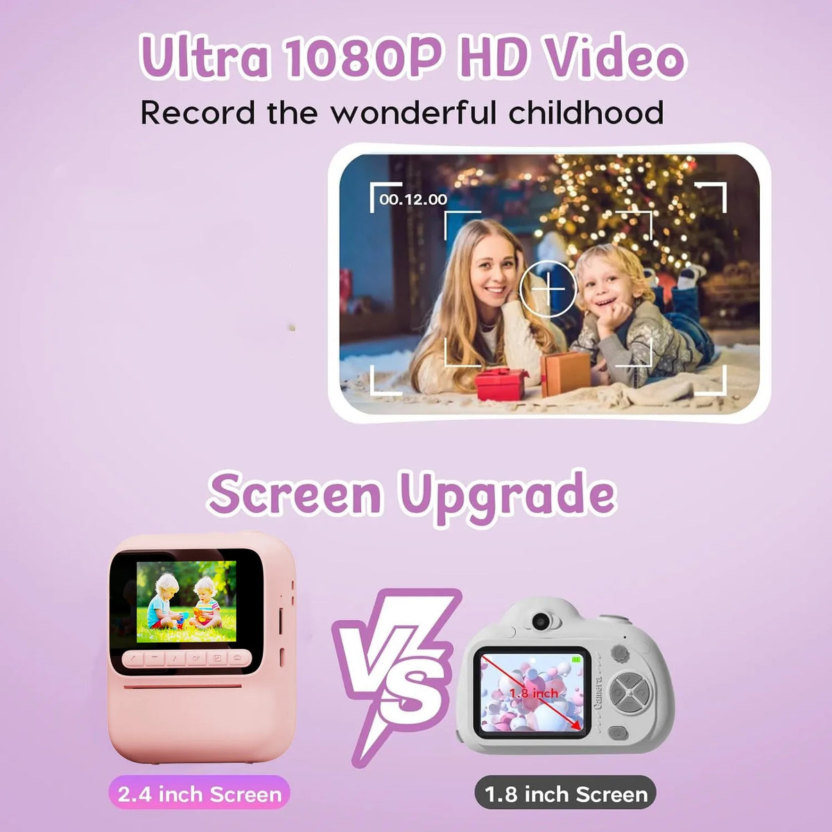 A comparison showing a 2.4 inch screen device versus a 1.8 inch screen instant print camera.