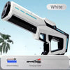 A white high-pressure electric water gun is shown in a profile view with a lithium battery and charging cable below it.