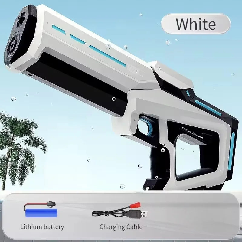 A white high-pressure electric water gun is shown in a profile view with a lithium battery and charging cable below it.