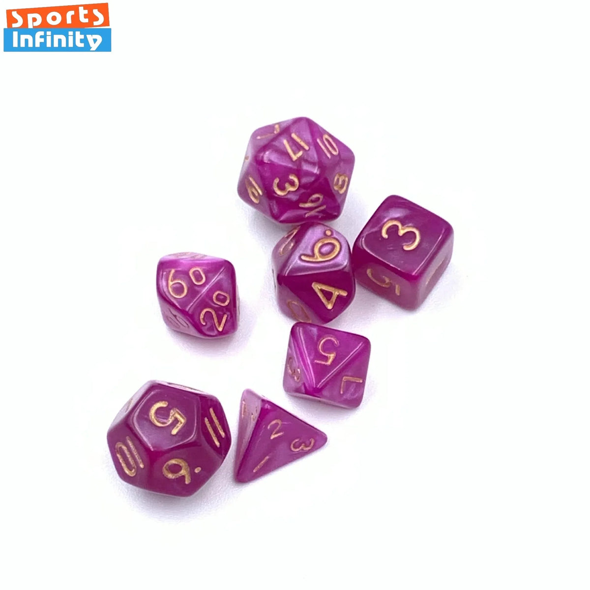 A set of seven transparent purple acrylic dice, including a d6 and d10, displayed on a white background.