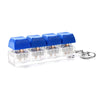 A clear acrylic keychain featuring four blue clicky key buttons for fidget use.