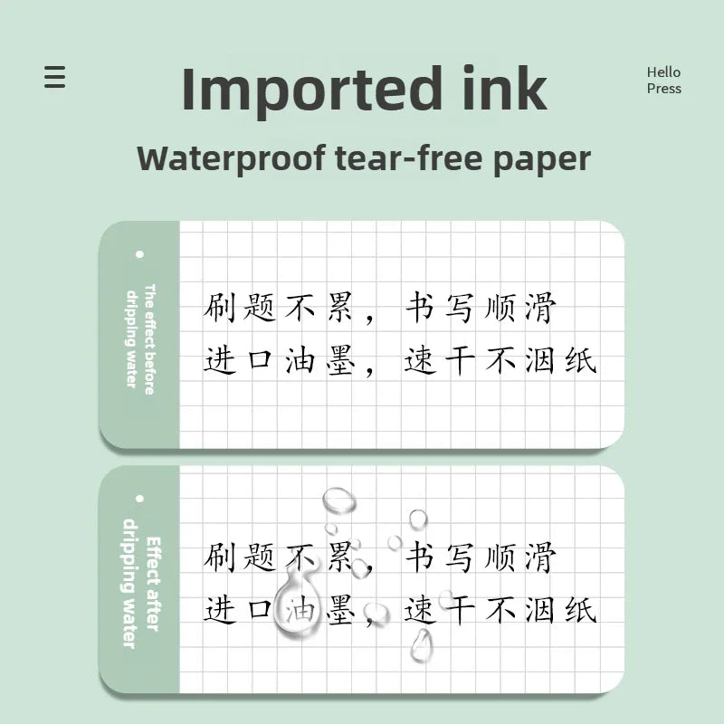 A set of imported ink waterproof tear-free paper sheets showing the effect before and after using a gel pen.