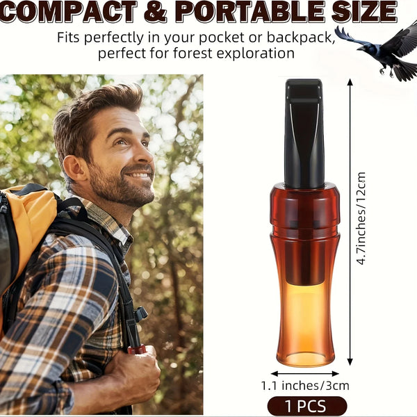 A brown glass whistle is shown next to a man exploring in a forest setting.