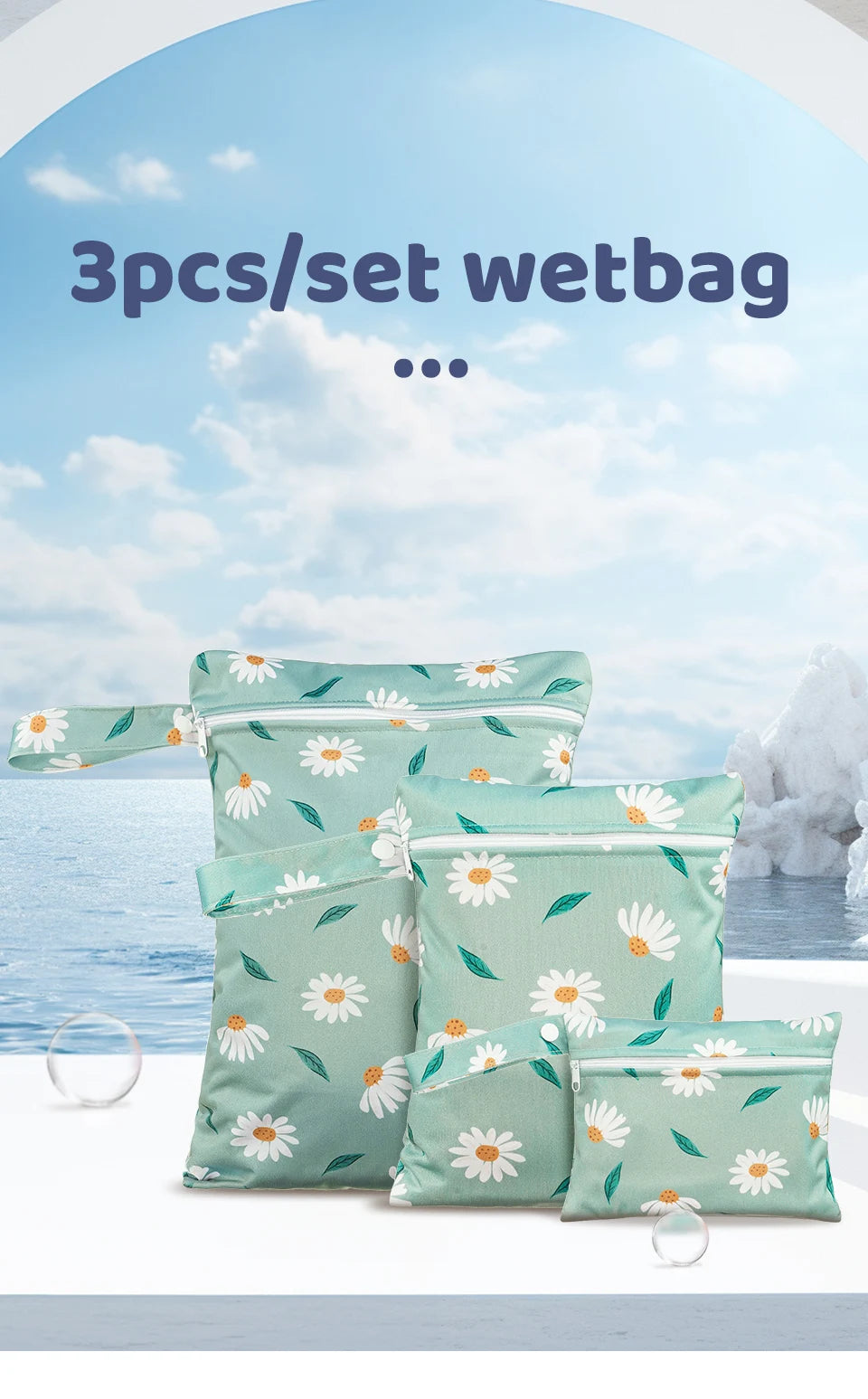 Three light green fabric wet bags with white daisy patterns are displayed on a white surface.