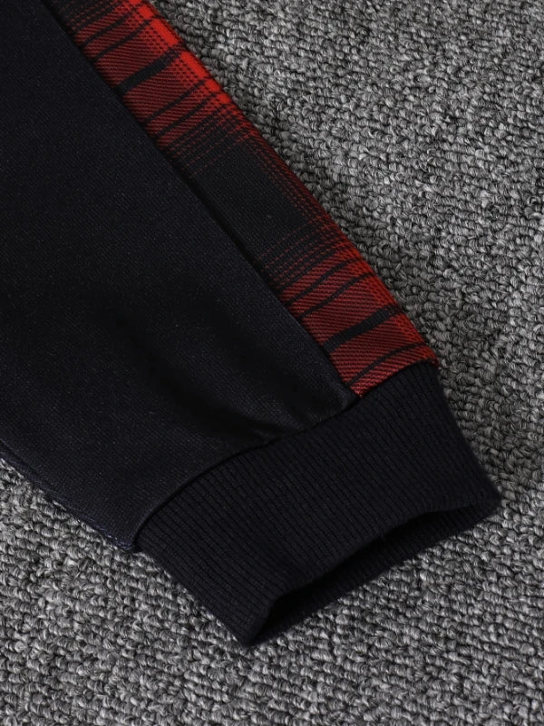 Black and red plaid fleece-lined hooded two-piece set shown on a gray textured fabric.