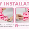 Four steps showing the easy installation of a pink multi-size button making machine kit.