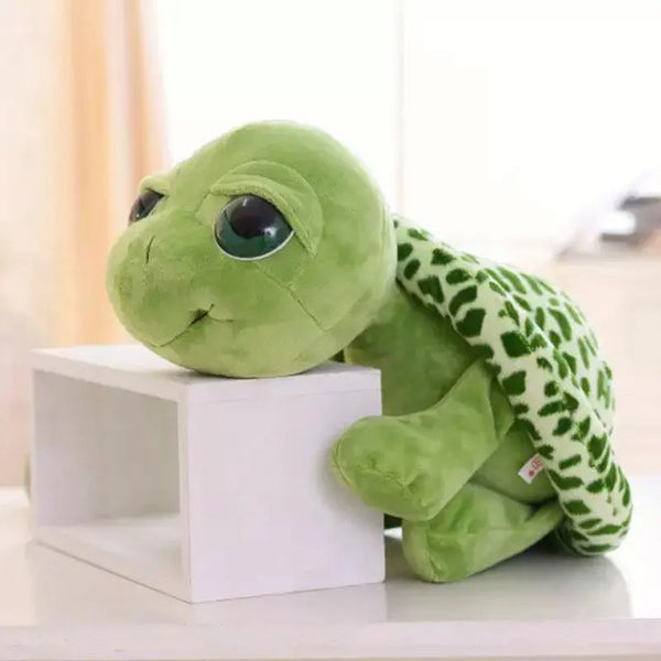 A soft green turtle plush toy sitting on a white block.
