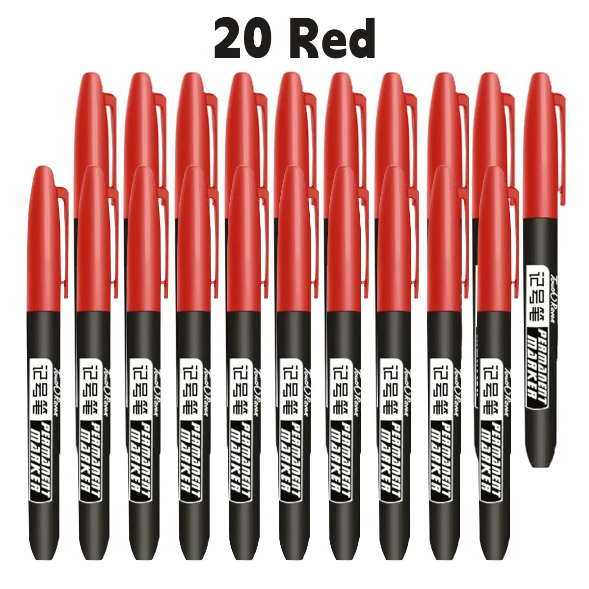 A pack of twenty red permanent fine-tip markers standing upright in a row.